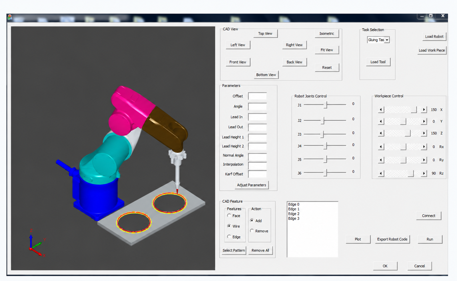 CAD-based glue-dispensing interface with an industrial robot, task controls, and robot-path settings